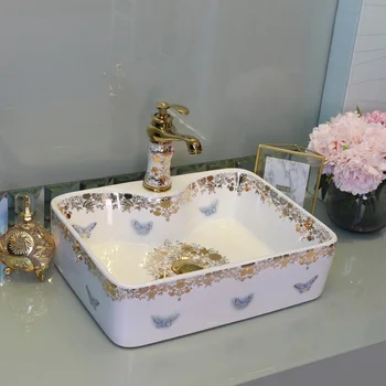 

Europe Vintage Style Ceramic Washing Basin Counter top Bathroom Sink painted ceramic bathroom sinks rectangular