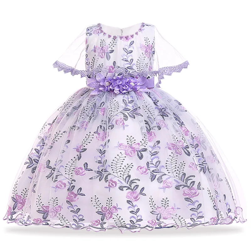 Свадебное платье с цветочным узором для девочек, Летнее Детское кружевное платье принцессы для девочек, детские платья для девочек, праздничное платье для 4, 5, 6, 7, 8, 9, 10 лет - Цвет: Purple