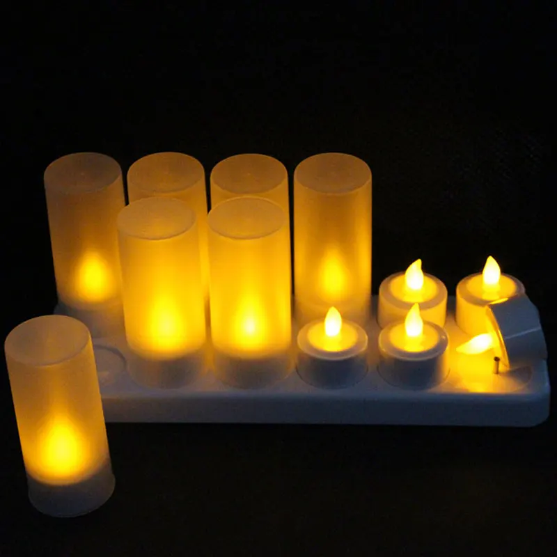  Rechargeable LED Flameless Candles 12 pcs Yellow Flame Energy Safe LED Tea Lights With Charge Base  - 32913457941