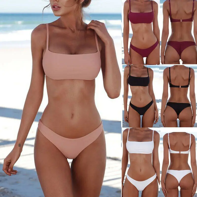

Summer Sexy Women Bikini Set Low Waist Triangle Swimsuit Bra Bandage Swimwear Solid Strap Bathing Suit Beachwear