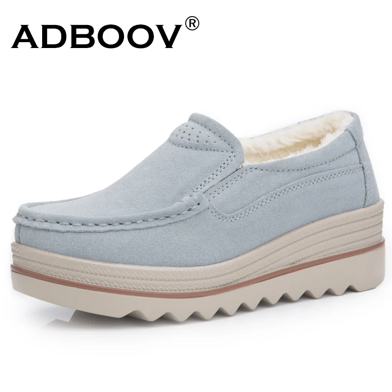 

ADBOOV Winter Flat Platform Shoes Women Genuine Leather Loafers Fur Lining Warm Slip On Ladies Shoes Scarpe Donna