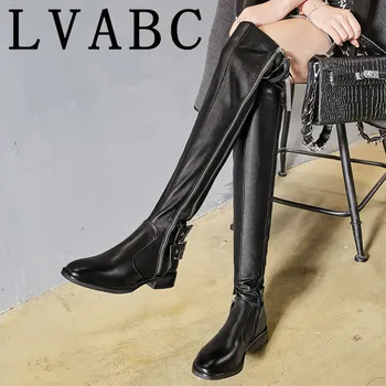 

LVABC Genuine Leather Metal Round Toe Punk Style Women Over the knee Boots Rivet Belt Buckle Motorcycle Boots Women Size 34-39