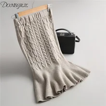 Осенне-зимняя новая женская юбка с рыбьим хвостом, Женская однотонная трикотажная юбка для девушек, студенток, универсальная повседневная юбка с оборками