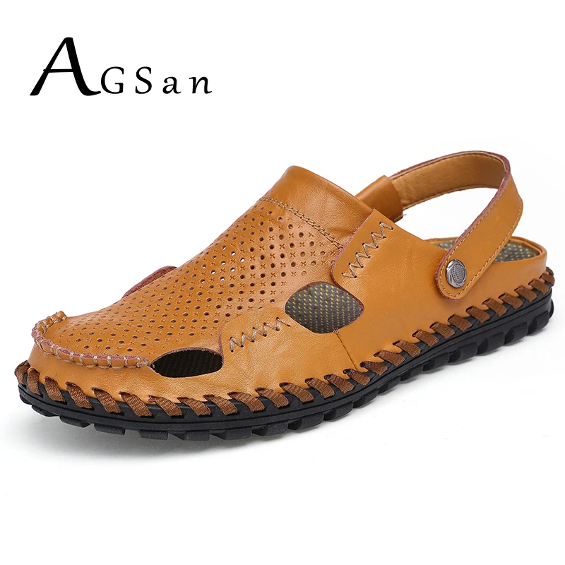 

AGSan Men Sandals Leather Brown Black Beach Shoes Summer Breathable Casual Sandals Men Fashion Slides Comfortable Slippers Mens
