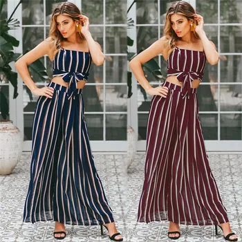 

Women 2 Piece Outfits Elegant Woman Sleeveless Striped Printed Suspenders Crop Top Loose Pants Vacation Casual Female Clothing