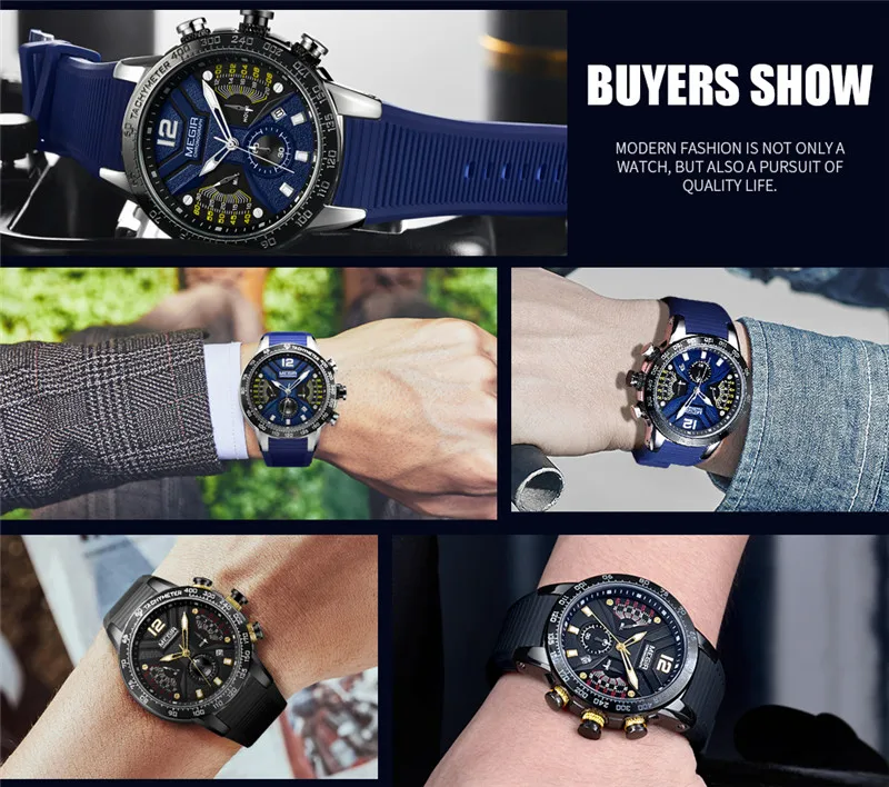 MEGIR, мужские часы, Лидирующий бренд, роскошные, золотые, с хронографом, наручные часы, с датой, военные, спортивные, с резиновым ремешком, мужские часы, Relogio Masculino 2106