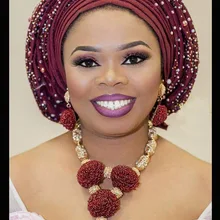 Модные винно-Бургундские женские африканские нигерийские Свадебные комплекты ювелирных изделий бисер винного цвета кулон ожерелье набор невесты WE134