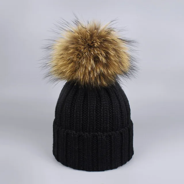Women Children Winter Pom Pom Hats Beanie Warm Knitted Bobble Fur Fur Pompom Hat Scarf Set Kids' Nature Raccoon Fur Pompon Hat