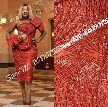 

New Nigerian Embroidered Sequined Mesh Lace Fabric Bride Wedding Fabrics In Orange Sequins India African Net Tulle Swiss Voile