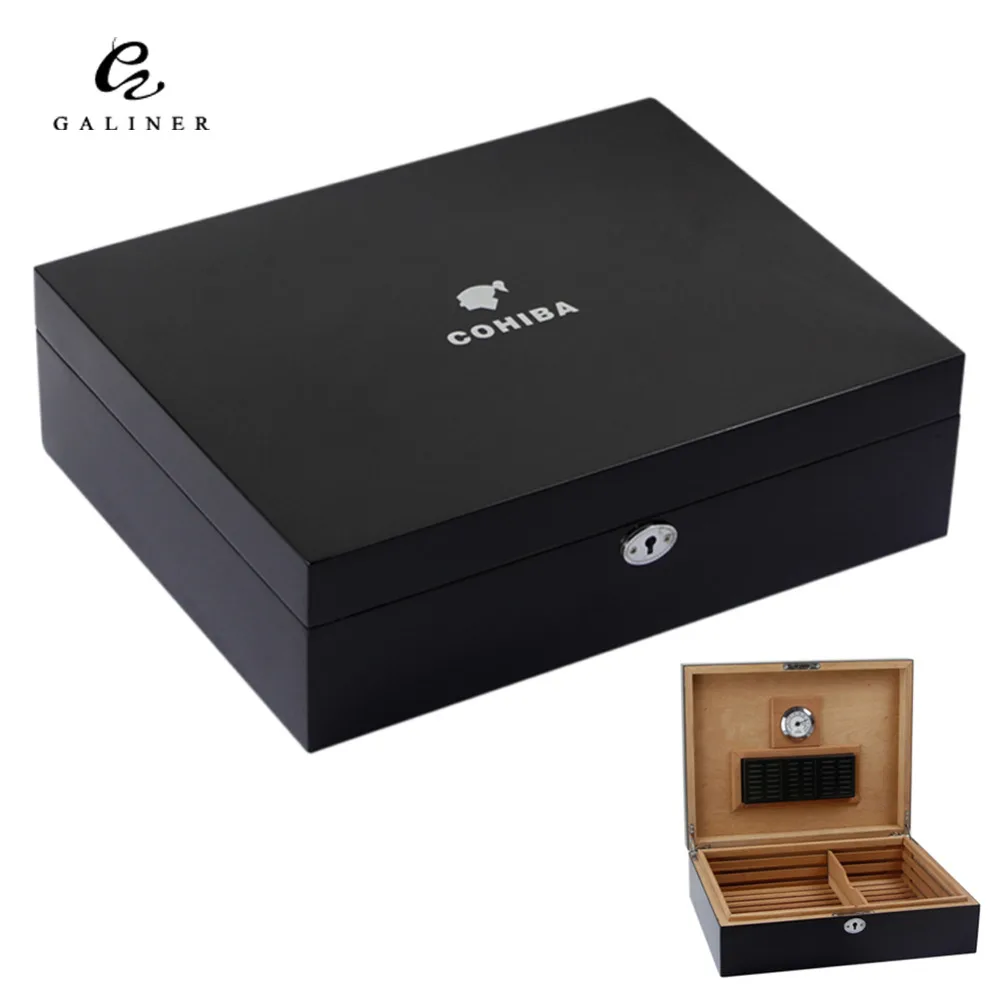 

COHIBA Cigar Humidor Box Glossy Spain Cedar Wood Humidor With Hygrometer Humidifier Cigar Accessories