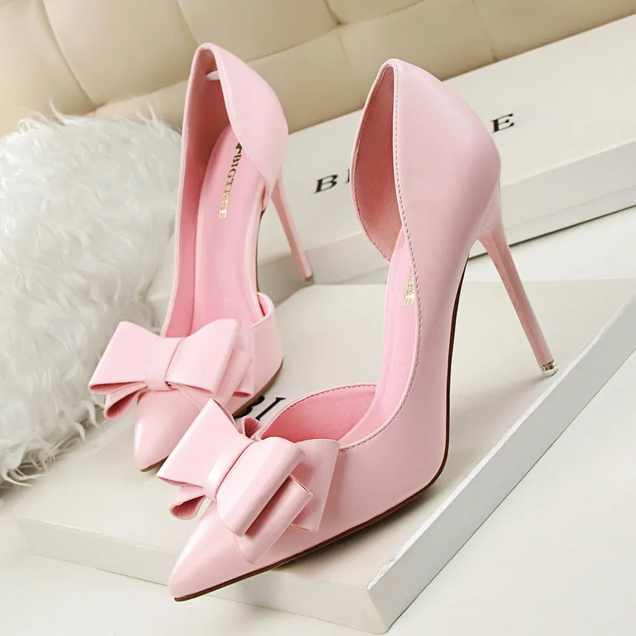 Женские туфли-лодочки; женская обувь на высоком каблуке; пикантные женские туфли на высоком каблуке с острым носком и бантом; Цвет Красный; 3168-2 - Цвет: Розовый
