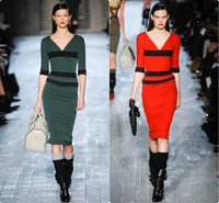 Free Shipping Women Ladies Fall Half Sleeve Vintage Red Stripe Patchwork V-neck Back Zipper Mid-Calf Pencil Bodycon Dress S-XL