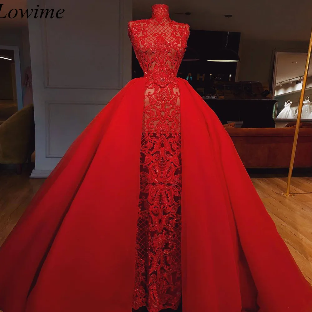 Новое поступление Красные дубайские вечерние платья из двух частей прозрачные сексуальные вечерние платья с высоким воротом Vestidos De Dala