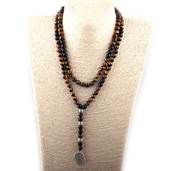 

Fashion Bohemian Tribal Jewelry Semi Precious Stones Tiger Eye Stone Fatimas Hand charm Pendant Necklace Lariat Necklaces