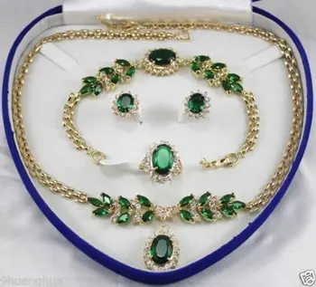 

free shipping 18GP natural green zircon necklace 18 "bracelet 7.5" Earr no box AAA