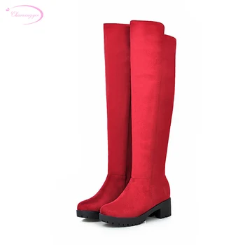 

Chainingyee simple style comfortable round toe over knee high boots slip platform med with black red blue women's riding boots