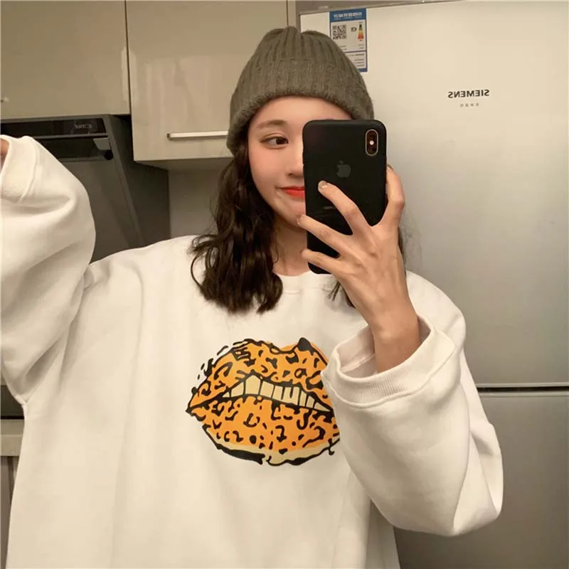 NiceMix Осень Толстовка Harajuku для женщин Бархат пуловеры для с леопардовым принтом губ негабаритных Джемперы тянуть роковой трикотаж Mujer Hiver
