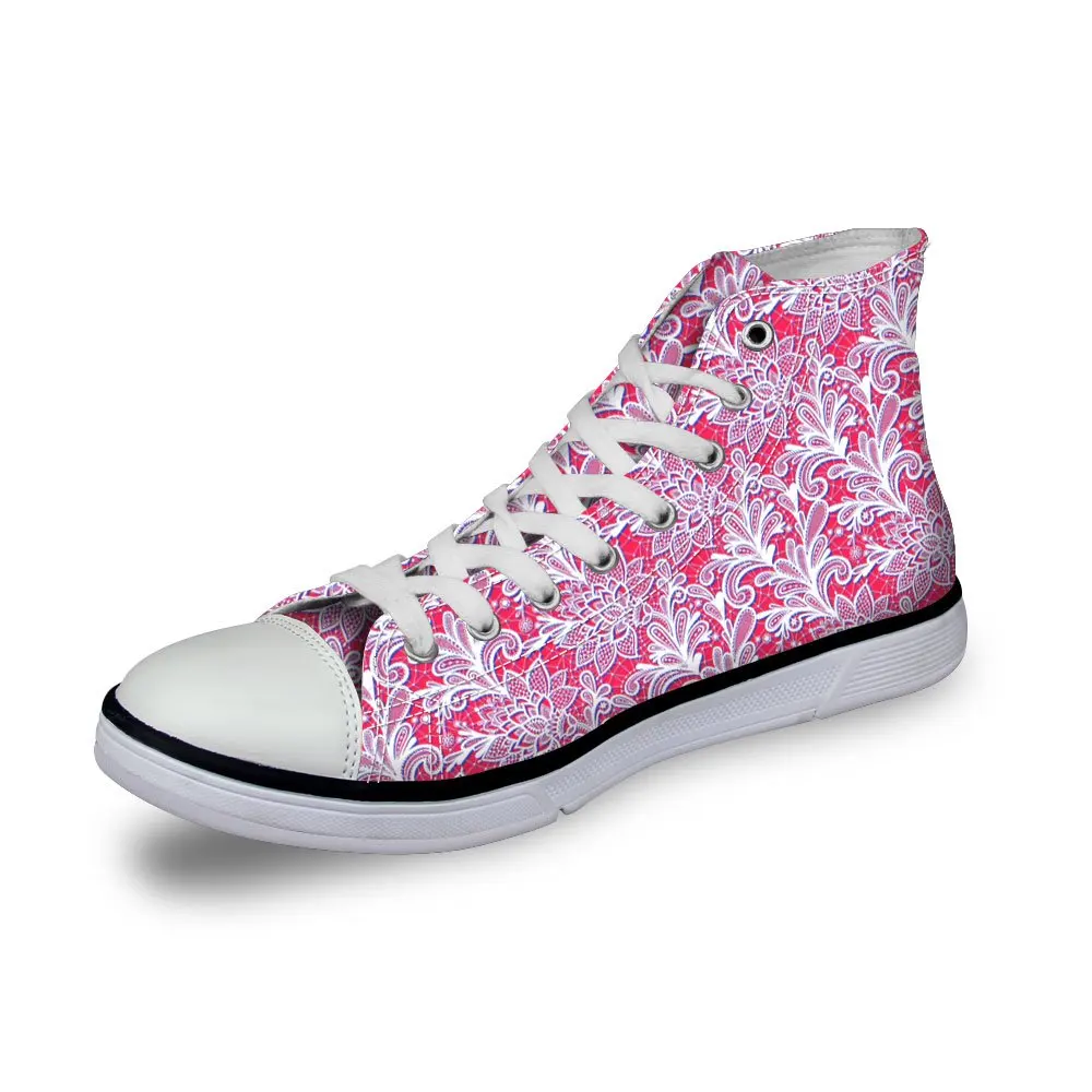 

WHEREISART Stylish Men's Women's High Top Floral Canvas Sneaker Lace up Flat Shoes Pink