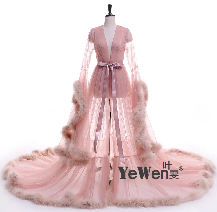 Vestido de festa, вечерние платья из тюля с длинным рукавом и перьями,, сексуальное розовое платье для выпускного вечера, платье для женщин, большие размеры