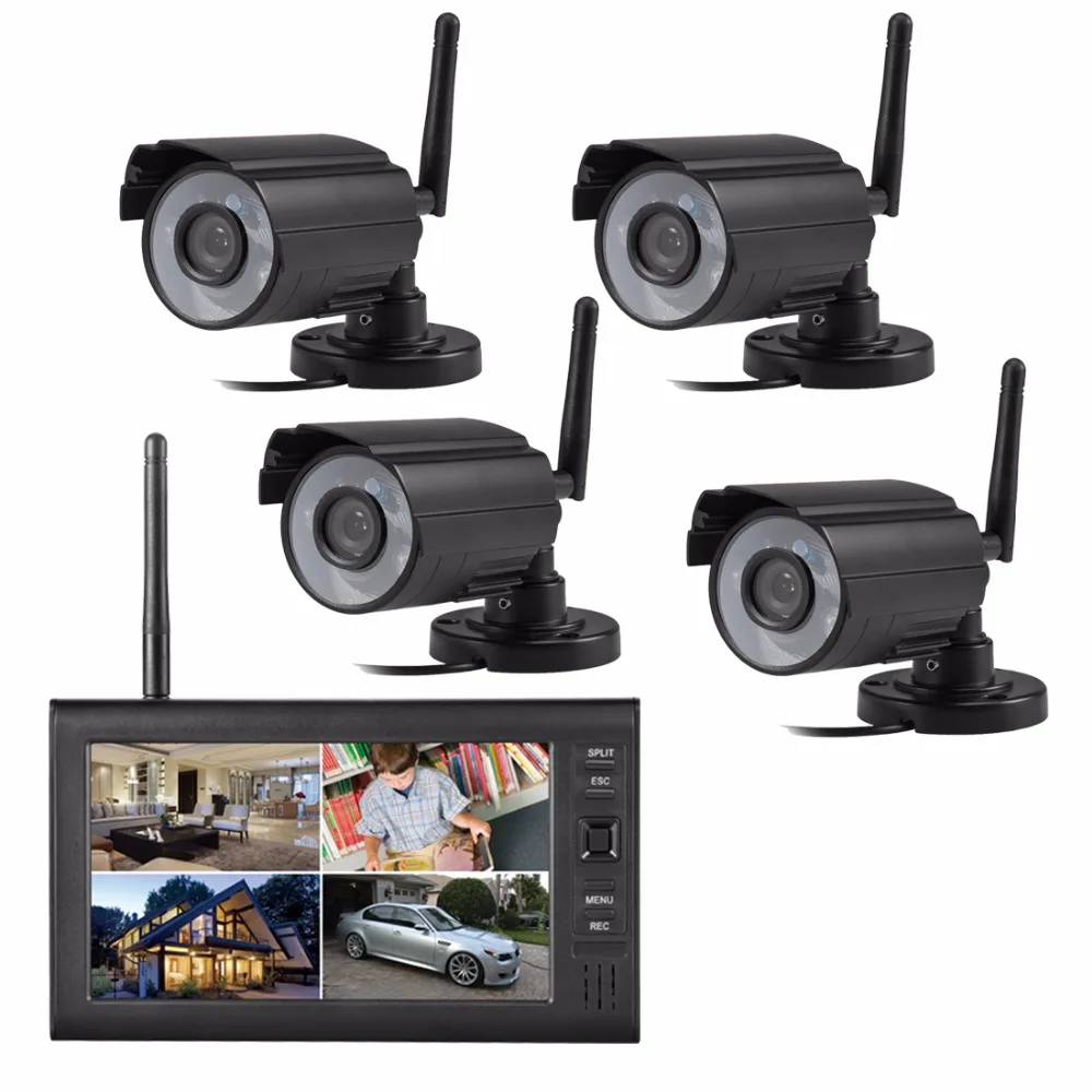 

2.4G digital wireless point to point security video recorder system with 4pcs cameras and 7 inch LCD receiver