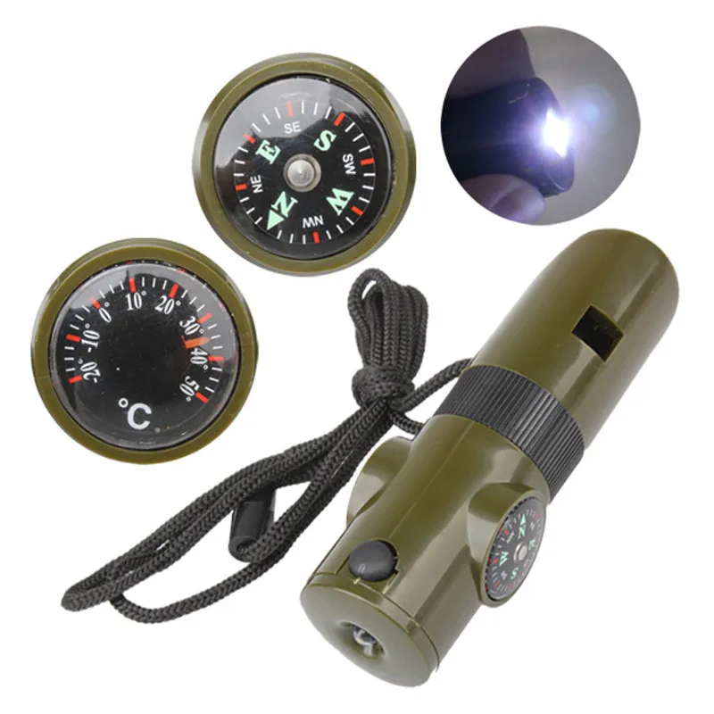 

7 in 1 Whistle Compass Thermometer Fire Magnifier LED Flashlight Outdoor Tool Camping Survival Emergency Gear Portable