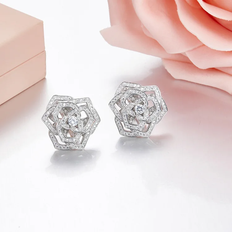 

ZOZIRI Brand S925 sterling silver big rose earrings for women high quality cubic zirconia rose earrings summer style jewelry