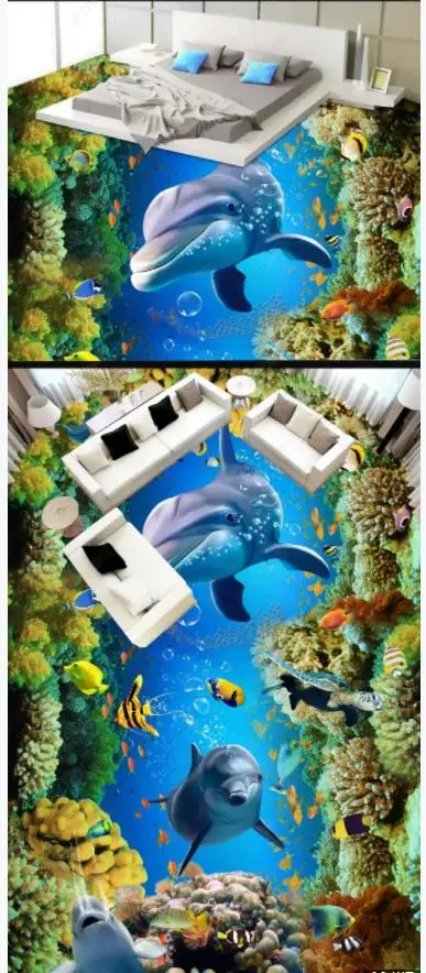 

Custom photo wallpaper 3d Flooring painting wallpaper Underwater World Dolphin Bedroom 3D Floor Painting wall stickers