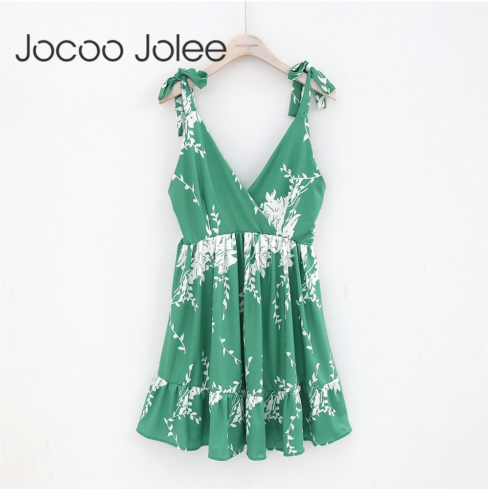 

Jocoo Jolee Bohemian Style Women Spaghetti Strap Dress V-Neck High Waist Women Beach Dress Flower Printing Knee-Length Party