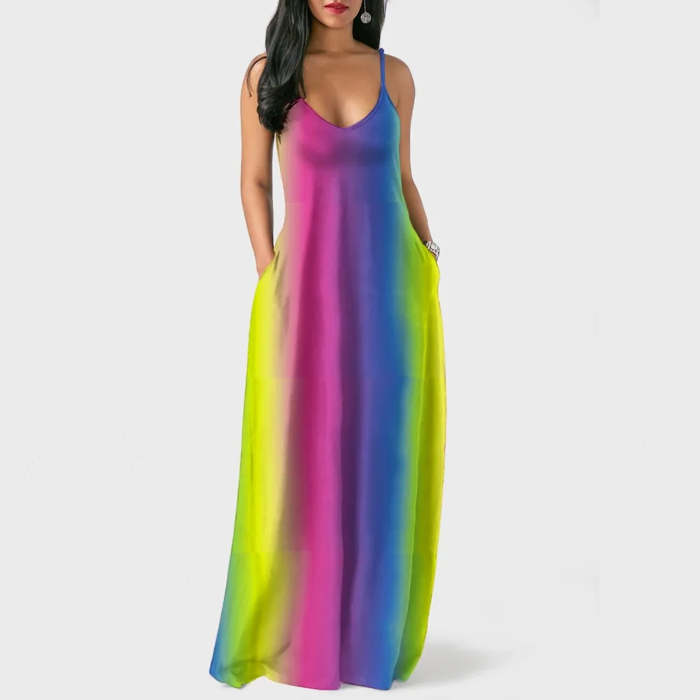 

Casual Tie Dyeing Gradient Color Dress Sexy Sleeveless O Neck Bohemian Long Dress Elegant Rainbow Striped Summer Dress Vestidos