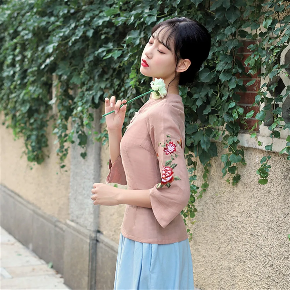 Шанхай история цветок вышивка Традиционный китайский Топ 3/4 рукав cheongsam Топ V образным вырезом льняной Топ льняная блузка