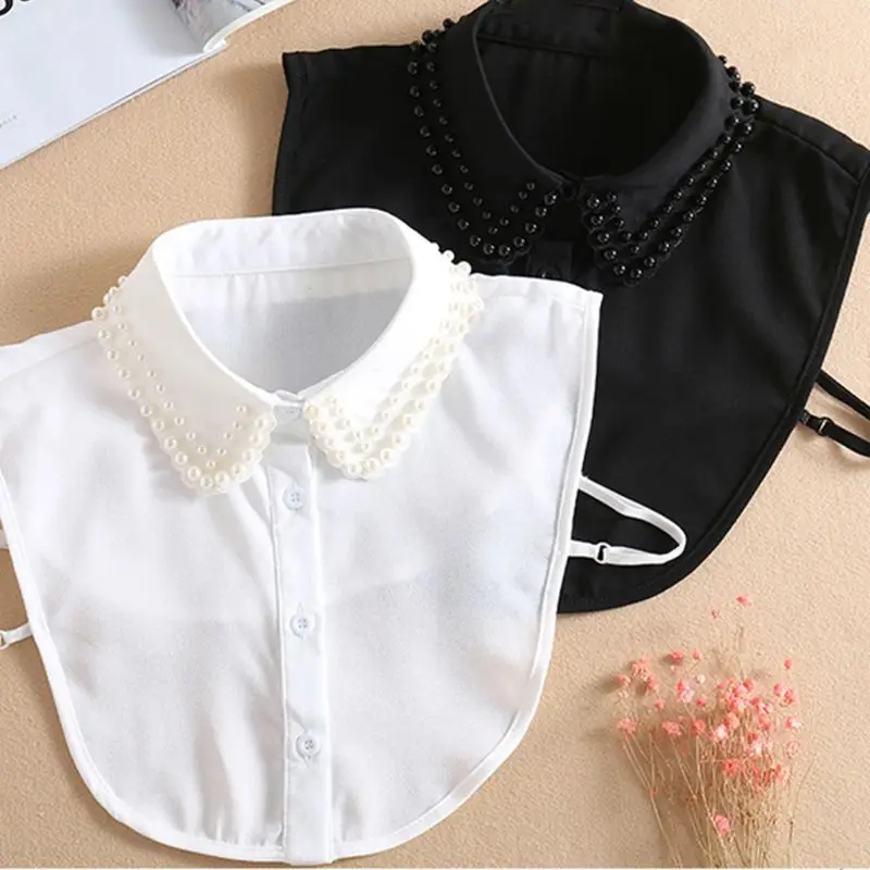 

Women Fashion Pearl Chiffon Collar Shirt Fake Collar Tie Vintage Detachable False Collar Lapel Blouse Top Clothes Accessories
