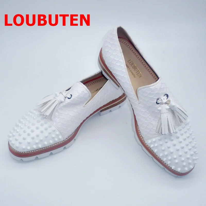 LOUBUTEN White Snakeskin Pattern Genuine Leather Tassel Loafers Slip On Men Dress Shoes Luxury Rivets Casual Shoes