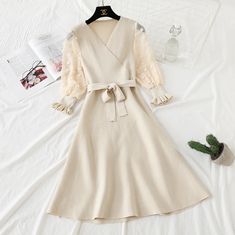 

Korean Spring Dress Women Midi Sweater Knitted Dress Elegant Retro Party Ladies Dresses 2019 Black Pink Vestidos Mujer KJ2030