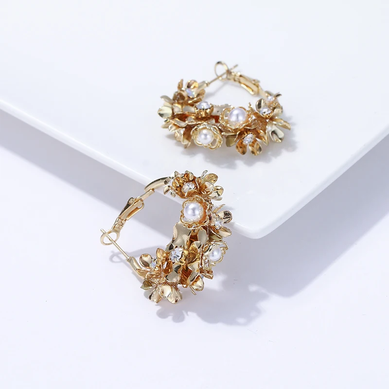 Yhpup модные изысканные медные золотые серьги-кольца цветок Стразы Серьги с искусственным жемчугом Роскошные ювелирные изделия для невесты Вечерние Новые