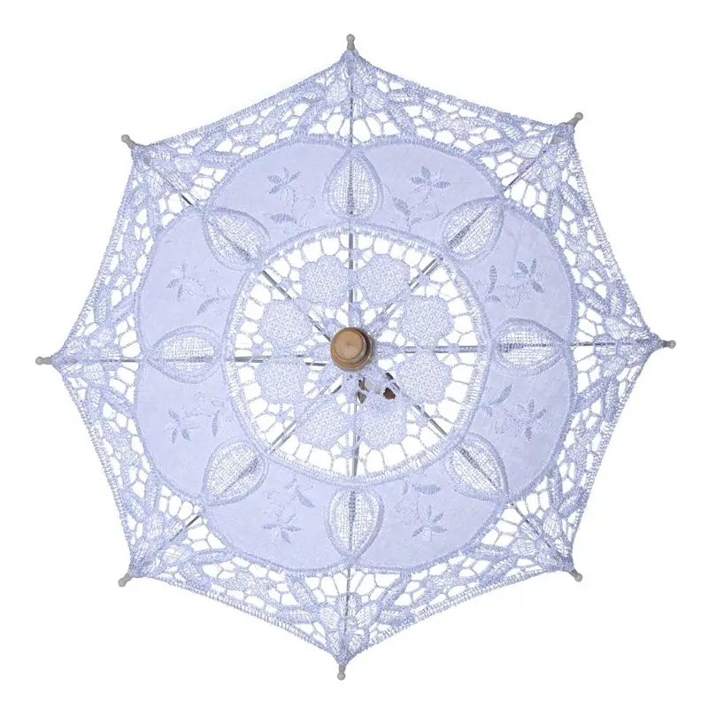 Женские свадебные зонтик выдалбливают Вышивка кружево Сплошной Белый Цвет Романтический реквизит для фотосессии с деревянной ручкой 8 ребра