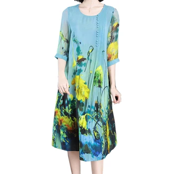 

Summer Middle Age Clothing High Quality Silk dress Print Dress Bohemia Elegant Large Size Loose Women Dresses Vestidos ZX072