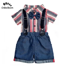 Baby boy gentlemen 3pcs outfits sets 2019 summer newborn baby boy clothing sets tie cotton romper+denim short infant clothes set new baby boy clothing set summer baby cotton bodysuit elephant printed romper animal bibs 3pcs set newborn baby girl clothes