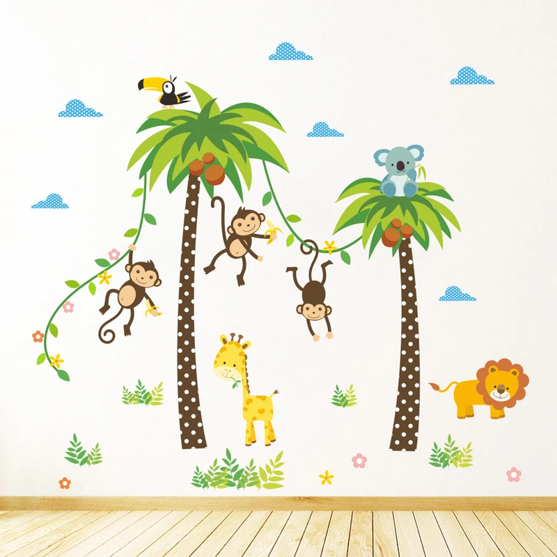 Жираф Лев Обезьяна Пальма дерево лес Животные наклейки на стену для детской комнаты детская спальня Наклейки на стены детский Декор плакат на стену