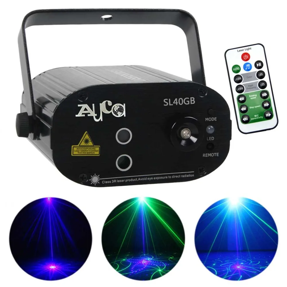 

Mini Remote 40 Pattern Green Blue Laser Sound Active Lighting 3W LED Beam Projector Effect DJ Party Show Home Stage Light SL40GB