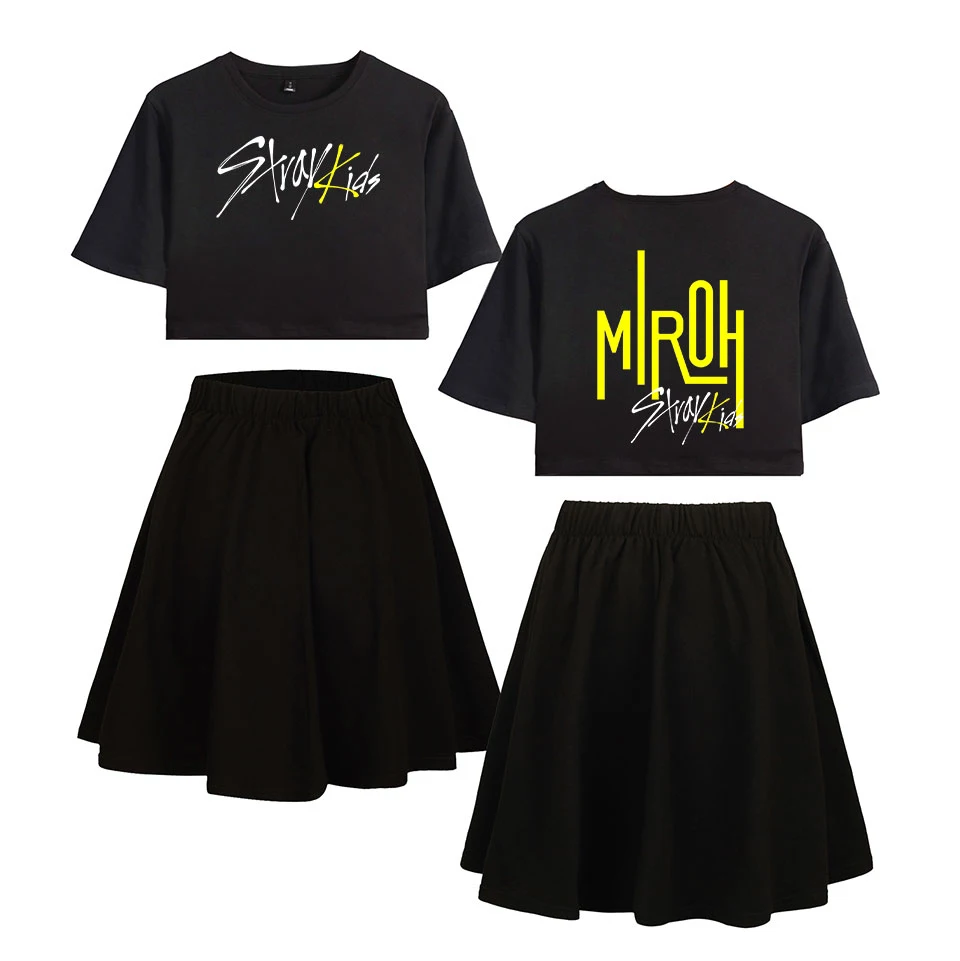 

Stray Kids Kpop Women Two Piece Set Fashion Summer Short Sleeve Crop Top+Skirt 2019 Hot Sale Girls Casual Streetwear Clothes