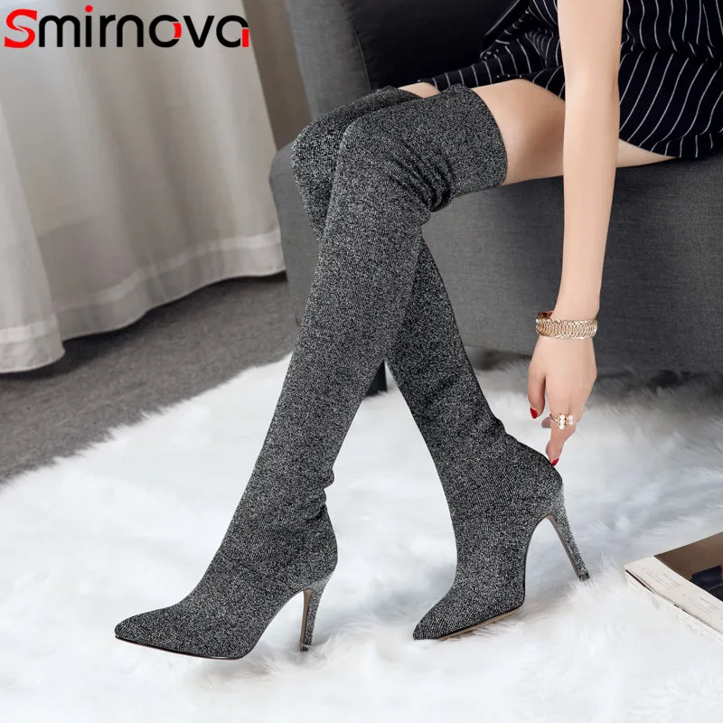 

Smirnova size 34-41 fashion pointed toe sexy thin high heels prom ladies boots knitting over the knee boots women 2020 new