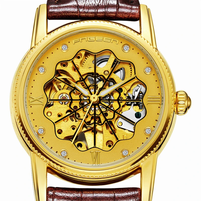 

Exactness Men Mechanical Watches Automatic Movement Lotus Leaf Inspiration Dial Crystal Diamonds Cowhide Straps Wrist watch