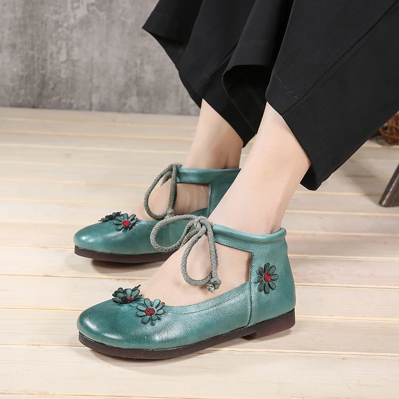 

2018 VALLU Leather Shoes Women Ballet Flats Round Toes Handmade Flower Round Toes Lace Up Cow Leather Women Flat Shoes