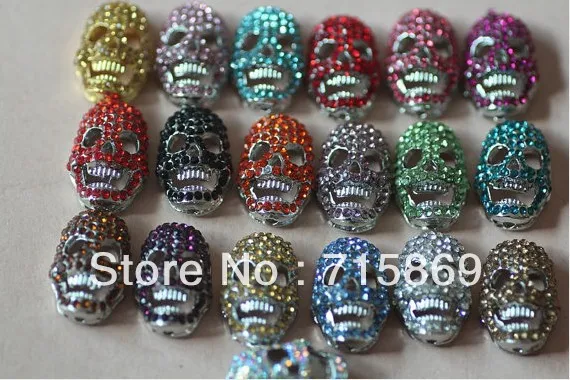 

Free Shipping 20pcs 22x14x9mm mixed colors rhinestone white K bottom alloy skull bead pave charm skull jewelry bracelet bead