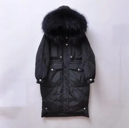 Зимняя куртка с воротником из натурального меха енота, новинка, Зимняя женская парка с капюшоном, теплая куртка для женщин, длинная белая куртка на утином пуху - Цвет: Черный