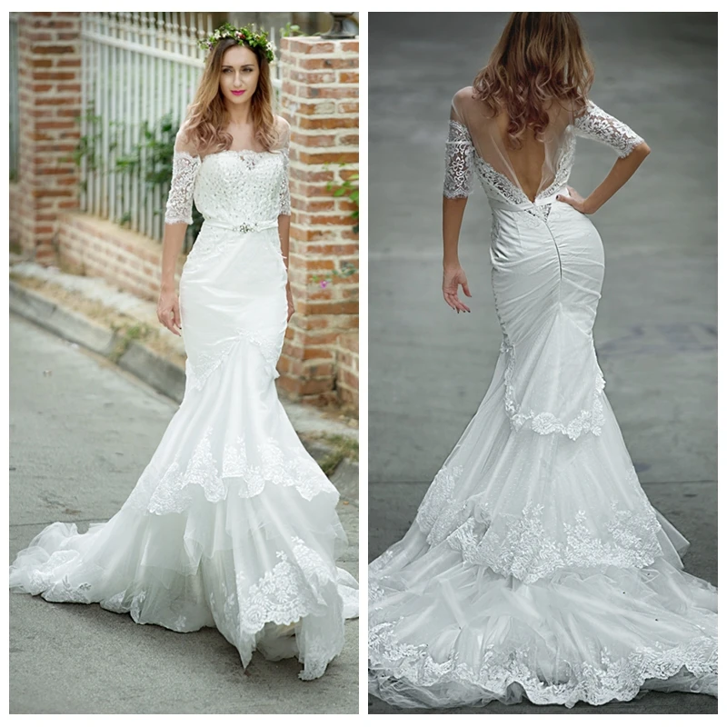 Boat Neck Backless Boho Mermaid Wedding Dress 2015 True Pic Sara