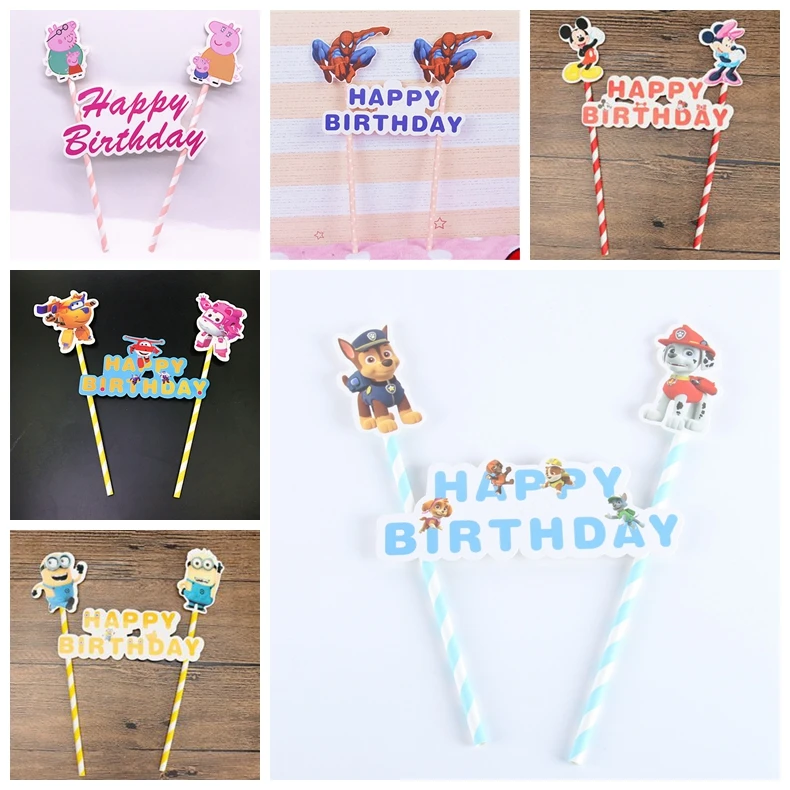 

1pcs Mickey Mouse Minions Happy Birthday Spider Man Topper Flags Baby Kids Birthday Party Cake Decoration