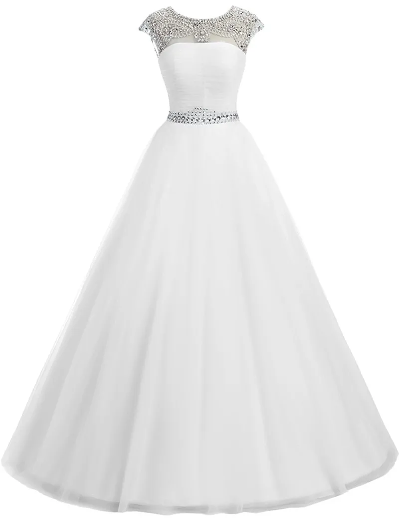 Quinceanera Dresses Illusion Neck Tulle Crystal Beads Ball Gown Long Prom dress Vestidos de 15 Anos