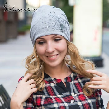 

Sedancasesa New Fashion Hats for Women's Beanies Spring Autumn Girls Lace Rhinestones Cap Women Casual Beanie Bone Ladies Gorros