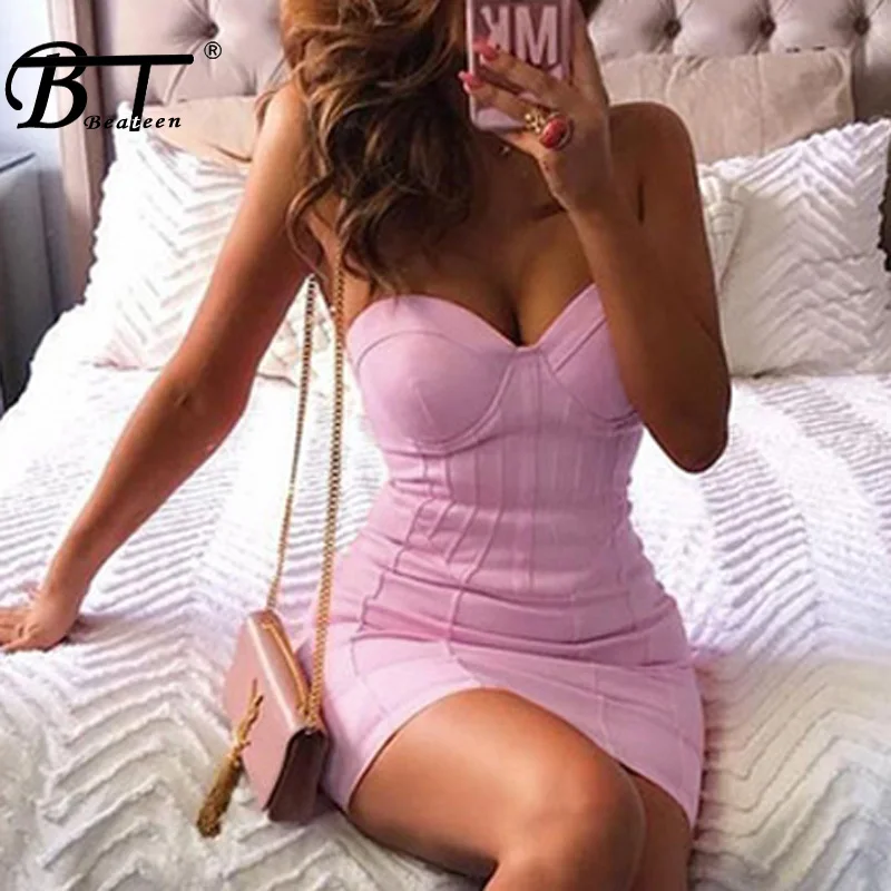 Женское Бандажное платье без бретелек Beateen розовое Клубное рукавов вечернее